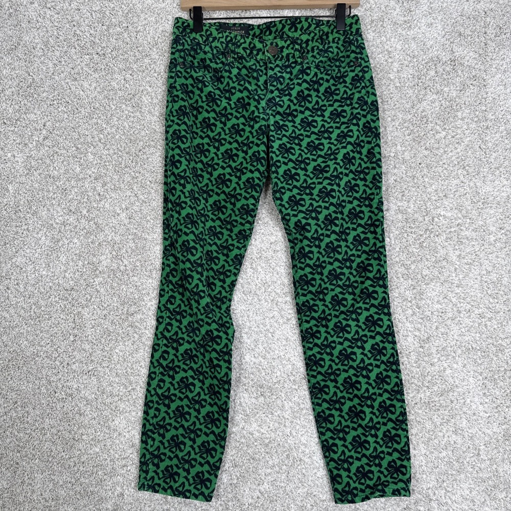 J. Crew Toothpick Corduroy Skinny Jeans Kelly Green Ribbon Print 27 St Patty Day